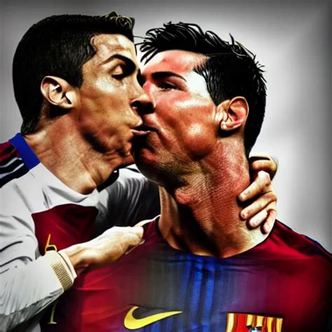 messi kissing ronaldo fan art.